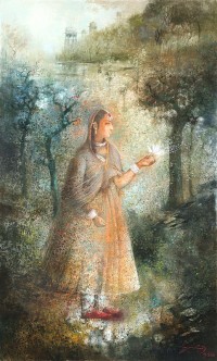 A. Q. Arif, Princess on River Bank, 36 x 60 Inch, Oil on Canvas, Figurative Painting, AC-AQ-308